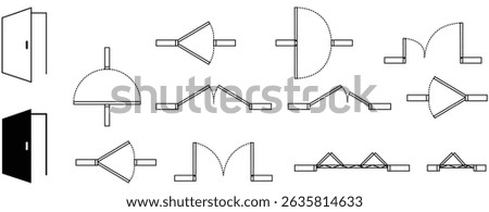 Set of doors for floor plan top view. Architectural kit of icons for interior project. Door for scheme of apartments. Construction symbol, graphic design element, blueprint, map. Vector illustration