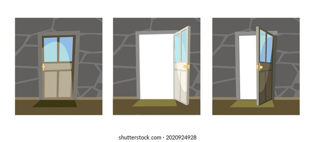 Set of doors with glass. Open, half ajar and locked. From inside of room at home. Stone wall. Way is open. Cartoon style. Vector