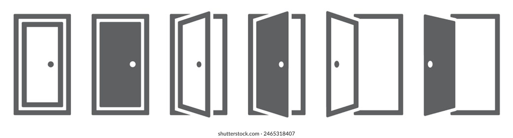 Set of doors icons. Opened and closed door silhouette. Interior or office doors. Vector.