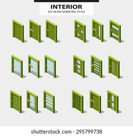 Set of doors in isometric style with different design. Vector