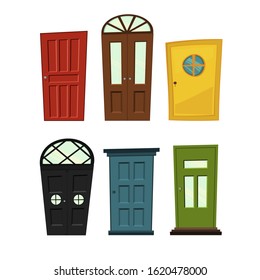 Set of doors on a white background for construction and design. Cartoon style. Vector illustration