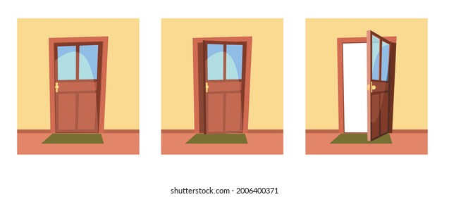 Set of doors. Open, half ajar and locked. From inside of room at home. Yellow wall. Way is open. Cartoon style. Vector