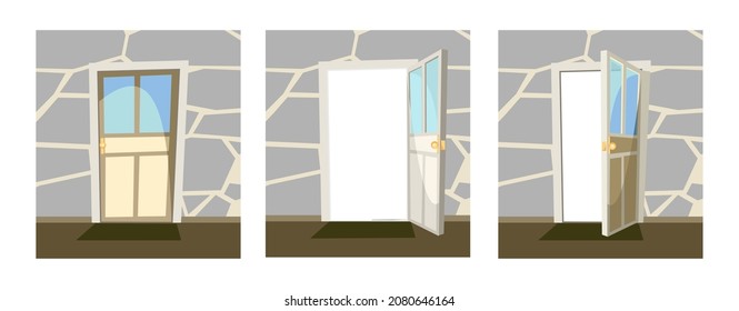 Conjunto de puertas. Abierto, medio ajar y cerrado. Desde dentro de la habitación en casa. Muro de piedra. El camino está abierto. Estilo de caricatura. Vector.