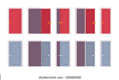 Set of doors in red and blue color, different positions, closed, halfopen, slightly ajar. Cartoon vector flat-style illustration