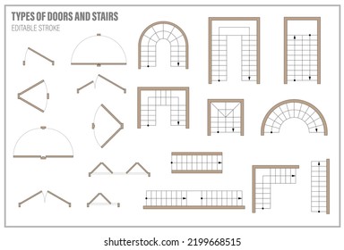 Set of doors and stairs for floor plan top view. Kit of icons for interior project. Architectural elements for scheme of apartments. Construction symbol, graphic design element, blueprint. Vector