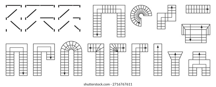 Set of doors and stairs pictograms for floorplan blueprint. Elements for interior design draft isolated on white background. Symbols for 2D architecture program. Vector graphic illustration.