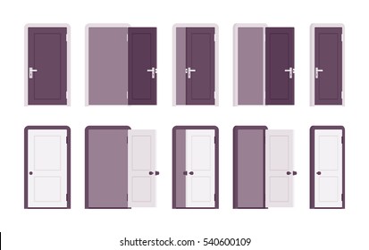 Set of doors in white and black color, different positions, closed, halfopen, slightly ajar. Separate and connect people, movement forward, lost opportunity, knock and be unwelcomed