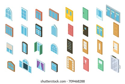 Set of doors and windows vector illustrations isolated on white. Wooden and metal entrance door and many-winged window icons in isometric design