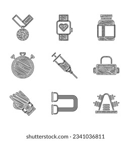 Set Doping syringe, Chest expander, Metal rack with weights, Sport bag, Smart watch on hand, Stopwatch, Sports nutrition and Medal icon. Vector