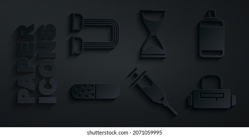 Set Doping syringe, Punching bag, Vitamin pill, Sport, Old hourglass and Chest expander icon. Vector
