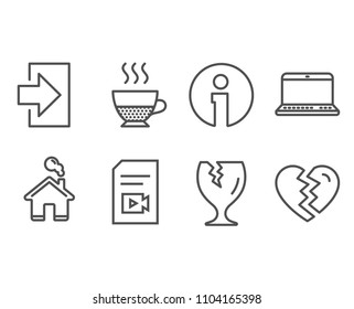 Set of Doppio, Fragile package and Login icons. Notebook, Video file and Break up signs. Coffee drink, Safe shipping, Sign in. Laptop computer, Vlog page, Divorce. Vector