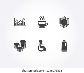 Set of Doppio, Tips and Infochart icons. Security, Disabled and Shampoo signs. Coffee drink, Cash coins, Stock exchange. Protection shield, Handicapped wheelchair, Bath cleanser. Vector