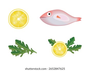 Conjunto de peixes dorados, limões e árgula isolados sobre fundo branco. Elementos para restaurante de frutos do mar vetorial.