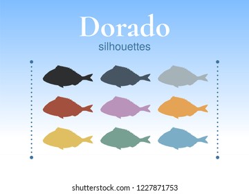 Set of dorado silhouettes. Unique hand-drawn silhouettes of dorado. Yellow, grey, blue, green, pink, orange, red, black. Vector. Isolated on background.