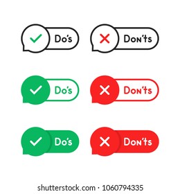 set of do's and don'ts bubble badge. flat trend modern outline logotype graphic stroke comic design isolated on white background. concept of positive or negative decision and simple behavior rules