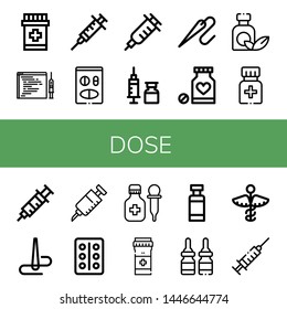 Set of dose icons such as Medicine, Code injection, Syringe, Vaccination, Needle, Vaccine, Blister pack, Pills, Drug container , dose