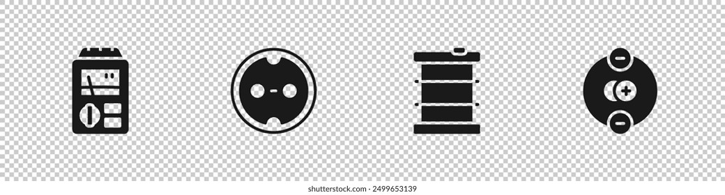 Set Dosimeter, Electrical outlet, Radioactive waste in barrel and Atom icon. Vector