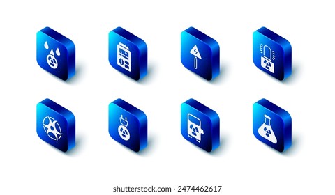 Ajuste dosímetro, lámpara de advertencia radiactiva, radiación del tubo de ensayo, estación de carga del coche eléctrico, enchufe eléctrico de la radiación, símbolo de peligro biológico y lluvia ácida e icono de nube radiactiva. Vector