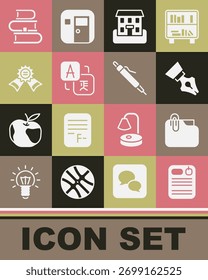 Definir pasta Dossier, Documento com clipe, Fountain caneta nib, edifício da escola, Tradutor, Medalha, Livro e ícone da caneta. Vetor