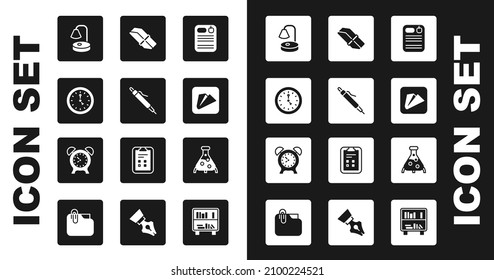 Set Dossier folder, Pen, Clock, Table lamp, Paper airplane, Eraser or rubber, Test tube and flask and Alarm clock icon. Vector