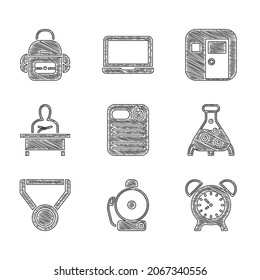 Set Dossier folder, Ringing alarm bell, Alarm clock, Test tube and flask, Medal, Schoolboy sitting at desk, classroom and backpack icon. Vector