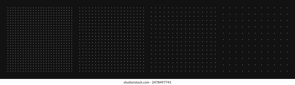 Set of dot grid background with empty space on dark gray backdrop. Design of square graph paper, school math sheet, grid paper sheet, notebook pattern, architectural graph paper. Vector illustration.