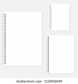 Set of dot grid notebook vector mock-ups. A4, A5, A6 size. Spiral bound notepads mockup. Wirebound diaries