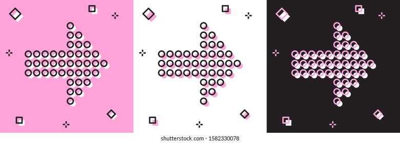 Set Dots arrow icon isolated on pink and white, black background. Halftone arrow. Dotted arrow sign.  Vector Illustration
