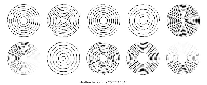 Set of dots circle radar, sound wave vector icons. Halftone, dotted, ripple circle graphic design elements