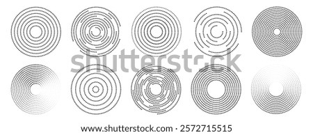 Set of dots circle radar, sound wave vector icons. Halftone, dotted, ripple circle graphic design elements
