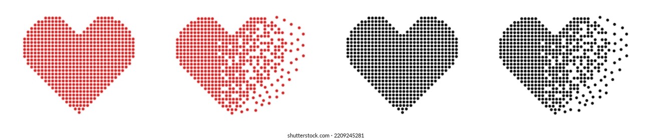 Set of dots hearts vector icons. Disintegrated and dissolved heart. Damaged symbol love. Fractured and disappear romantic heart.