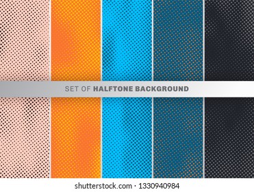 Set of dots pattern design on orange, blue, black background. Polka dot design wallpaper collection. Vector illustration