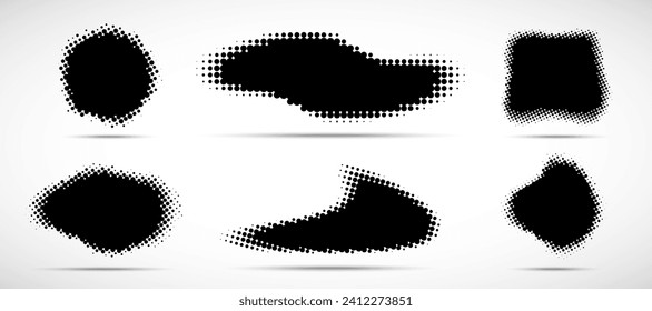 Set of dots pattern frames. Halftone dots curved pattern backgrounds. Dotted spots using half tone circle dot texture. Vector illustration. 