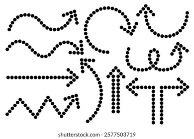 a set of dots that form an arrow design with various shapes in black.