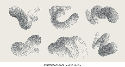 Set of dotted 3d abstract twisted liquid shapes. Wavy grain gradient textured lines