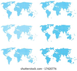 Set of dotted (6 sizes, square dots) world maps