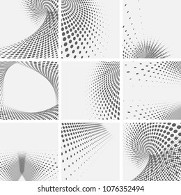 Set of dotted abstract forms. Grunge halftone vector background in black and white colors. Distressed overlay texture. Abstract pattern with circles, waves and swirls.