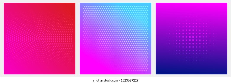 Set of dotted abstract forms. Grunge halftone vector background in neon colors. Distressed overlay texture. Abstract pattern with circles, waves and swirls.