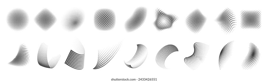 Set of dotted abstract forms. Grunge halftone vector background in black and white colors. Dot texture.	
