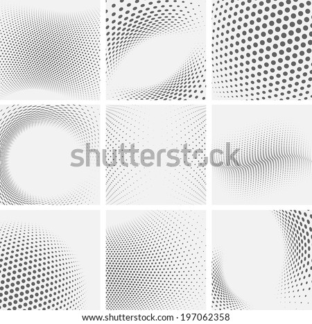 Set of dotted abstract forms. Grunge halftone vector background in black and white colors. Distressed overlay texture. Abstract pattern with circles, waves and swirls. Dot texture. Half tone collect.