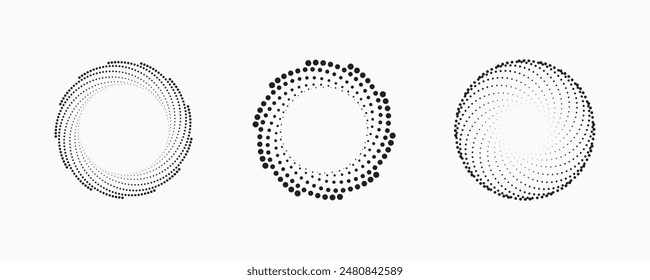 Set of dotted abstract shapes. Circular halftone patterns. Half tone design elements in geometric tech style for logo, banner, web page, print, poster, business cards and template.