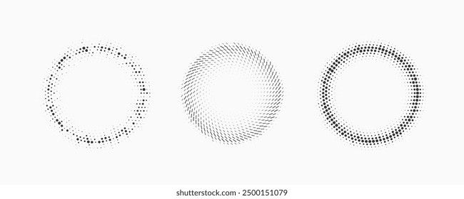 Conjunto de Formas abstractas punteadas. Patrones de semitonos circulares. Elementos de diseño de medio tono en estilo geométrico de la tecnología para el logotipo, el Anuncio, la página del Web, la impresión, el cartel, las tarjetas de visita y la Plantilla.