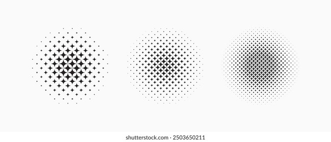 Set of dotted abstract shapes. Circular halftone pattern. Half tone design elements in geometric tech style for logo, banner, web page, print, poster, business cards and template.