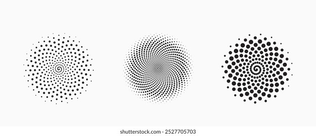 Conjunto de formas abstratas pontilhadas. Padrões de meio-tom circulares. Elementos de design de meio tom em estilo técnico geométrico para logotipo, banner, página da Web, impressão, cartaz, cartões de visita e modelo.