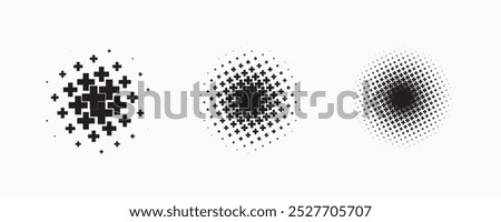 Set of dotted abstract shapes. Halftone pattern. Half tone design elements in geometric tech style for logo, banner, web page, print, poster, business cards and template.