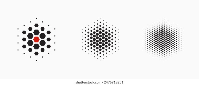 Set of dotted abstract shapes. Hexagonal halftone pattern. Half tone design elements in geometric tech style for logo, banner, web page, print, poster, business cards and template.