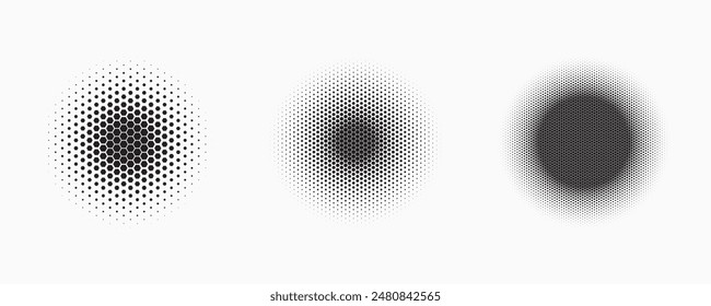 Set of dotted abstract shapes. Hexagonal halftone pattern. Half tone design elements in geometric tech style for logo, banner, web page, print, poster, business cards and template.