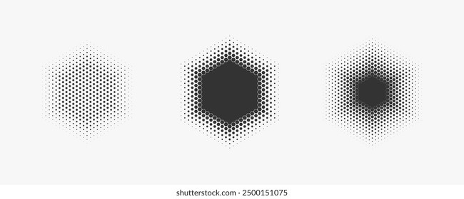 Set of dotted abstract shapes. Hexagonal halftone pattern. Half tone design elements in geometric tech style for logo, banner, web page, print, poster, business cards and template.