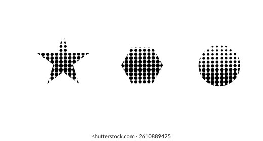 Set of dotted abstract shapes. Hexagonal halftone pattern. Half tone design elements in geometric tech style for logo, banner, web page, print, poster, business cards and template.