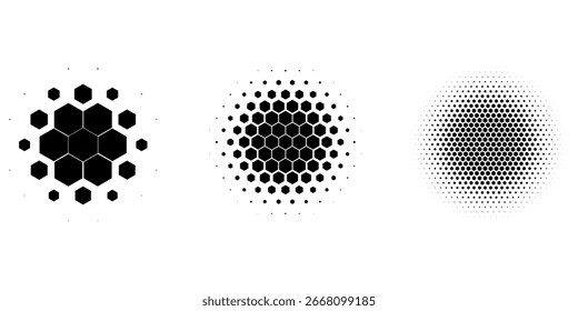 Set of dotted abstract shapes. Hexagonal halftone pattern. Half tone design elements in geometric tech style for logo, banner, web page, print, poster, business cards and template. Vector